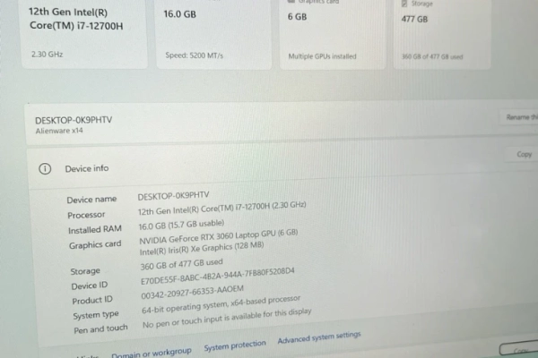 Alienware X14 Core I7-12700H NVIDIA RTX 3060 Slim Gaming Laptop 512gb/16gb
