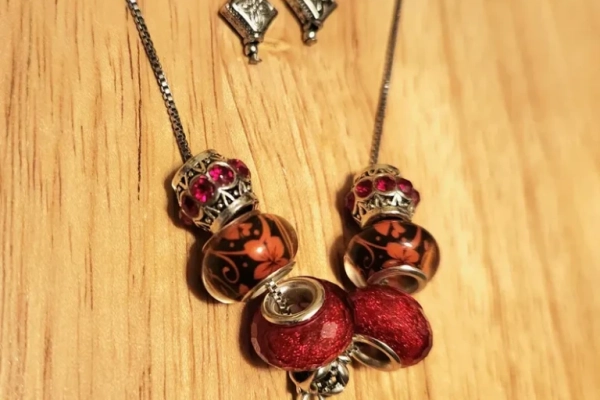 Handmade Silver and Red Jewelry Set, Butterfly Necklace with clip-on earrings