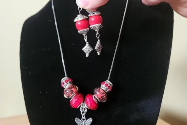 Handmade Silver and Red Jewelry Set, Butterfly Necklace with clip-on earrings