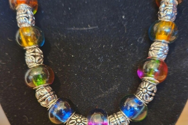 Handmade Statement Party Jewelry, Rainbow and Silver Bead Necklace, Handmade Gift for Her, Him, Gender Neutral