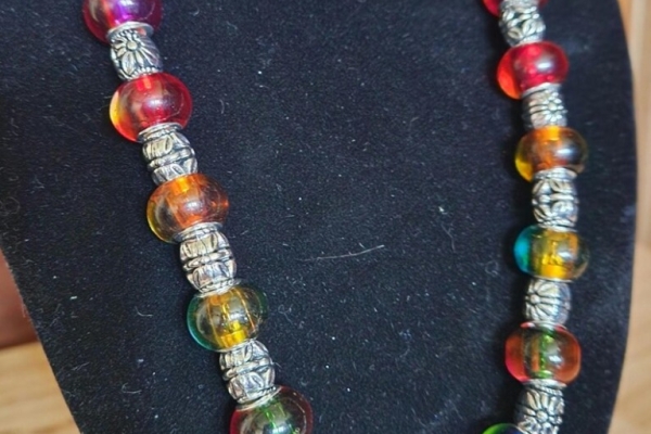 Handmade Statement Party Jewelry, Rainbow and Silver Bead Necklace, Handmade Gift for Her, Him, Gender Neutral