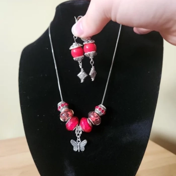 Handmade Silver and Red Jewelry Set, Butterfly Necklace with clip-on earrings